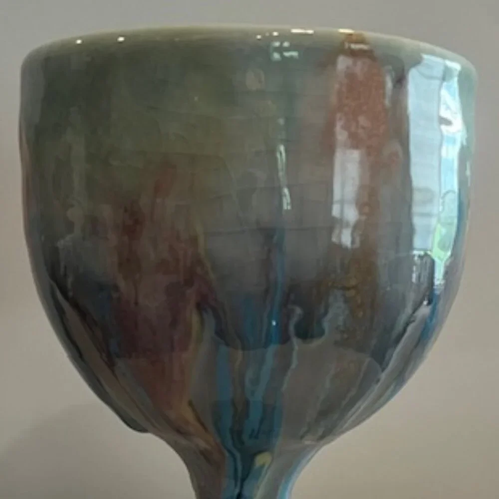 Handmade Drip Glaze Pottery Wine Goblet Cup Chalise Signed
